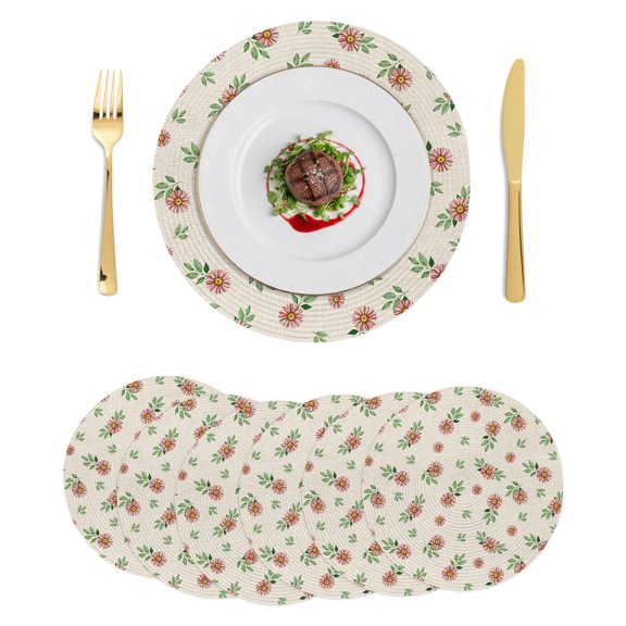 Round Placemats Pink Daisies Flowers 15 inch Set of 6 Table Mats for Dining Table Floral Green Leaf Linen Heat Resistant Non-Slip Kitchen & Home Decorative Place Mat Set
