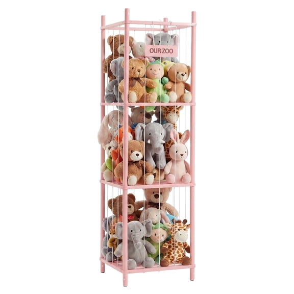 CONCETTA Stuff Toy Storage Organizer, Wooden Toy Holder Cage - Holds 40 Plush Toys, Sturdy Wood & Steel Screw Construction for Toddler Room, Playroom, Bedroom, Pink