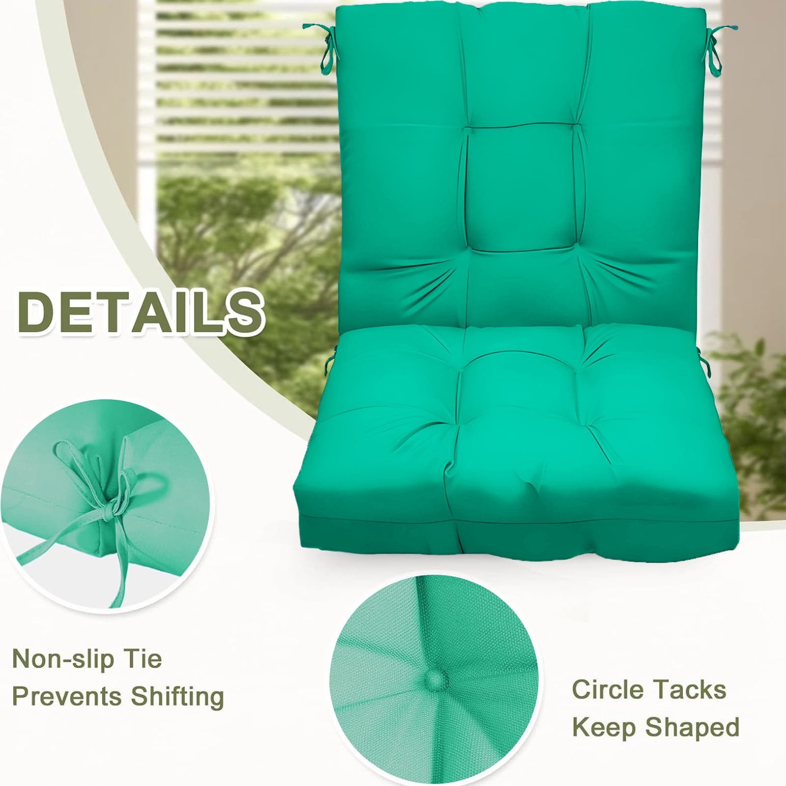 Outdoor High Back Chair Cushions Set of 2, 42"x21"x4" Tufted Waterproof Patio Cushion for Rocking & Dining Chairs, Soft Seat Pad with Ties, Fade-Resistant Indoor Outdoor Use