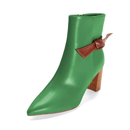 

XYD Women Classic Side Bow Pointy Close Toe Ankle Boots Chunky High Heel Side Zipper Bootie Winter Shoes Size 5 Green