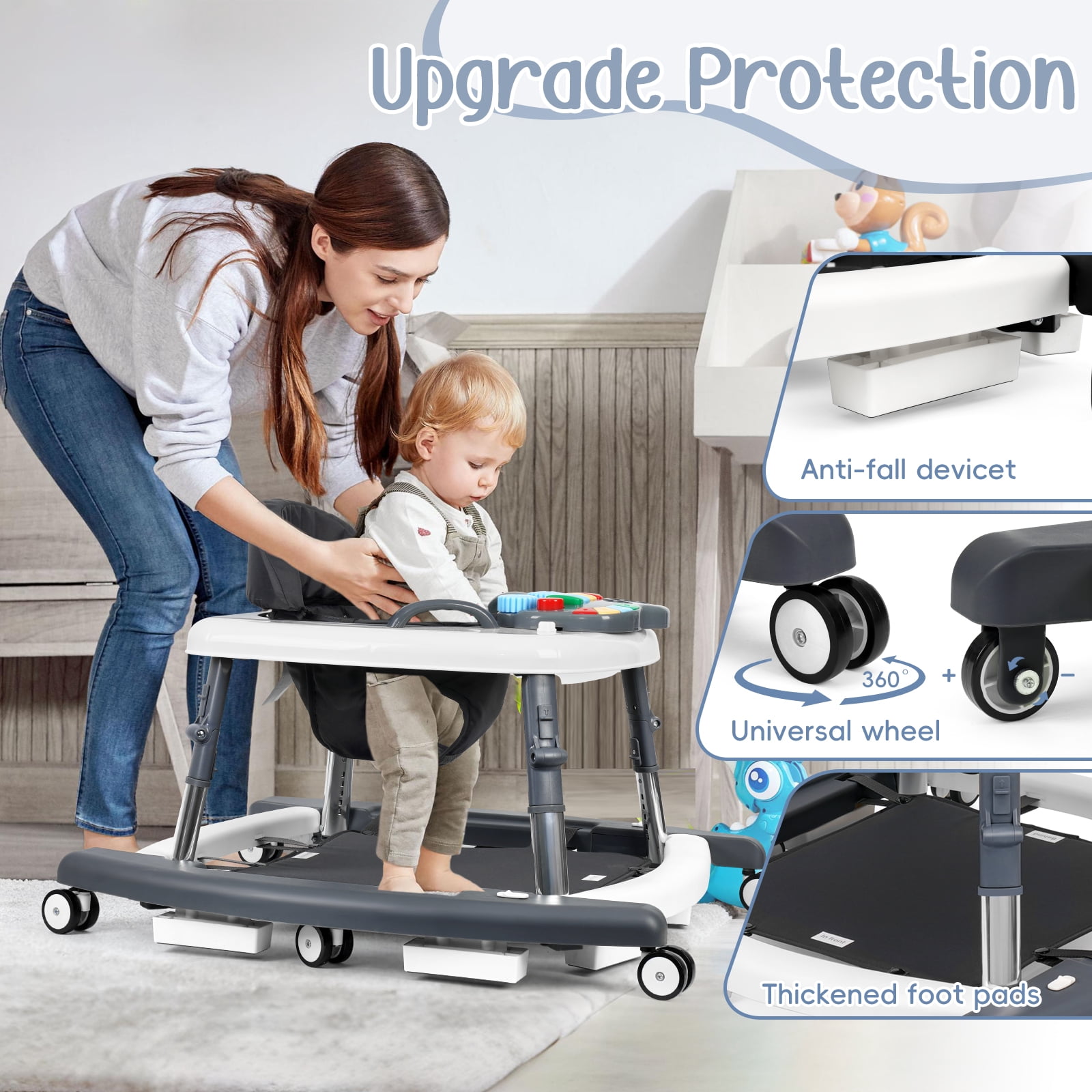 5-in-1 Foldable Baby Walker – Adjustable Height, Music & Lights, Bouncer with Wheels, for Baby Boys & Girls 6-18 Months, Gray