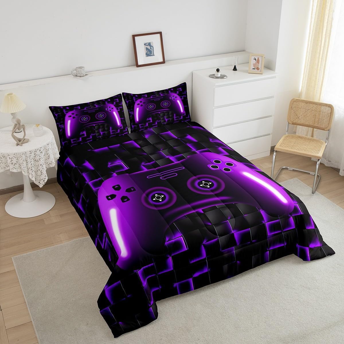 Gaming Full Size Bedding Sets Teen Game Controller Comforter Set 3Pcs Gamer Bedding For All Season,Purple And Black Geometric Checkered Quilt Set For Young Men,Soft Lightweight