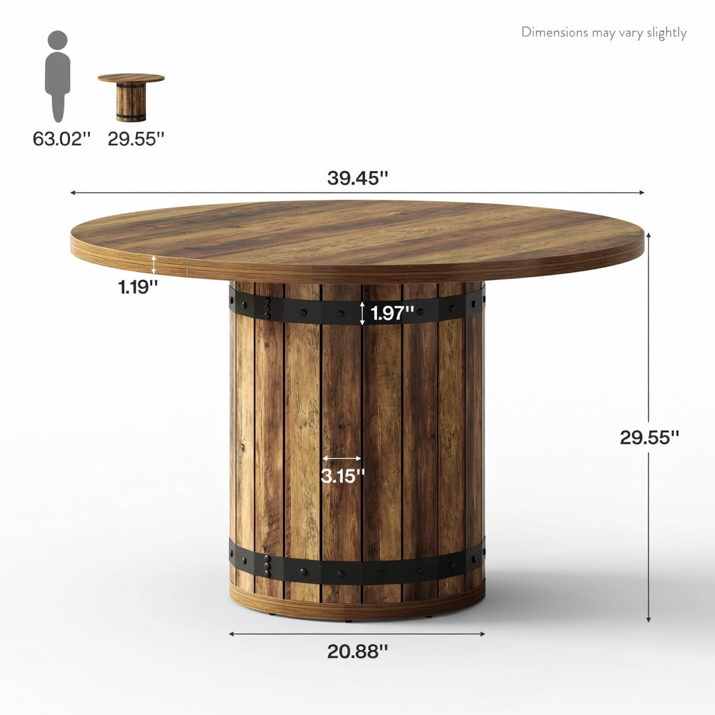 Hommoo 39.37 in Round Dining Table for 4, Farmhouse Kitchen Table with Fence Pedestal Base, MDF Construction, Easy Assembly, Rustic Brown