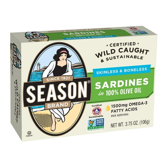 Season's Skinless and Boneless Sardines in Pure Olive Oil. Imported From Morocco 3.75oz (Pack of 12)