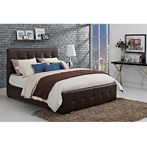 Contemporary Tiled Upholstered Faux Leather Square Queen Size Headboard in Brown 