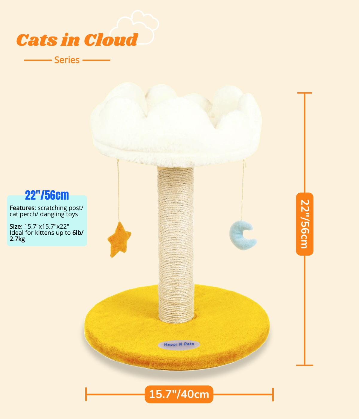 Happi N Pets Cloud Cat Tree, Cat Scratching Post with Bed, Small Cat Tree, Featuring with Cloud Soft Perch & Cute Toys, Removeable Cover, Bonus Catnip