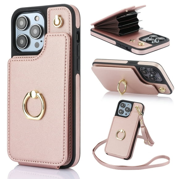 Case for iPhone 16 Pro Max Wallet Phone Case with Ring Stand & Adjustable Crossbody Strap, Stylish Multi-Funtional Accordion Style Flip Case with Card Slots for Women Girls, Rosegold