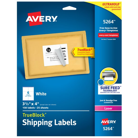 Avery Étiquettes d'Adresse de Livraison, Imprimantes Laser, 150 Étiquettes, 3-1/3x4, Adhésif Permanent, TrueBlock, 5 Paquets (5264)