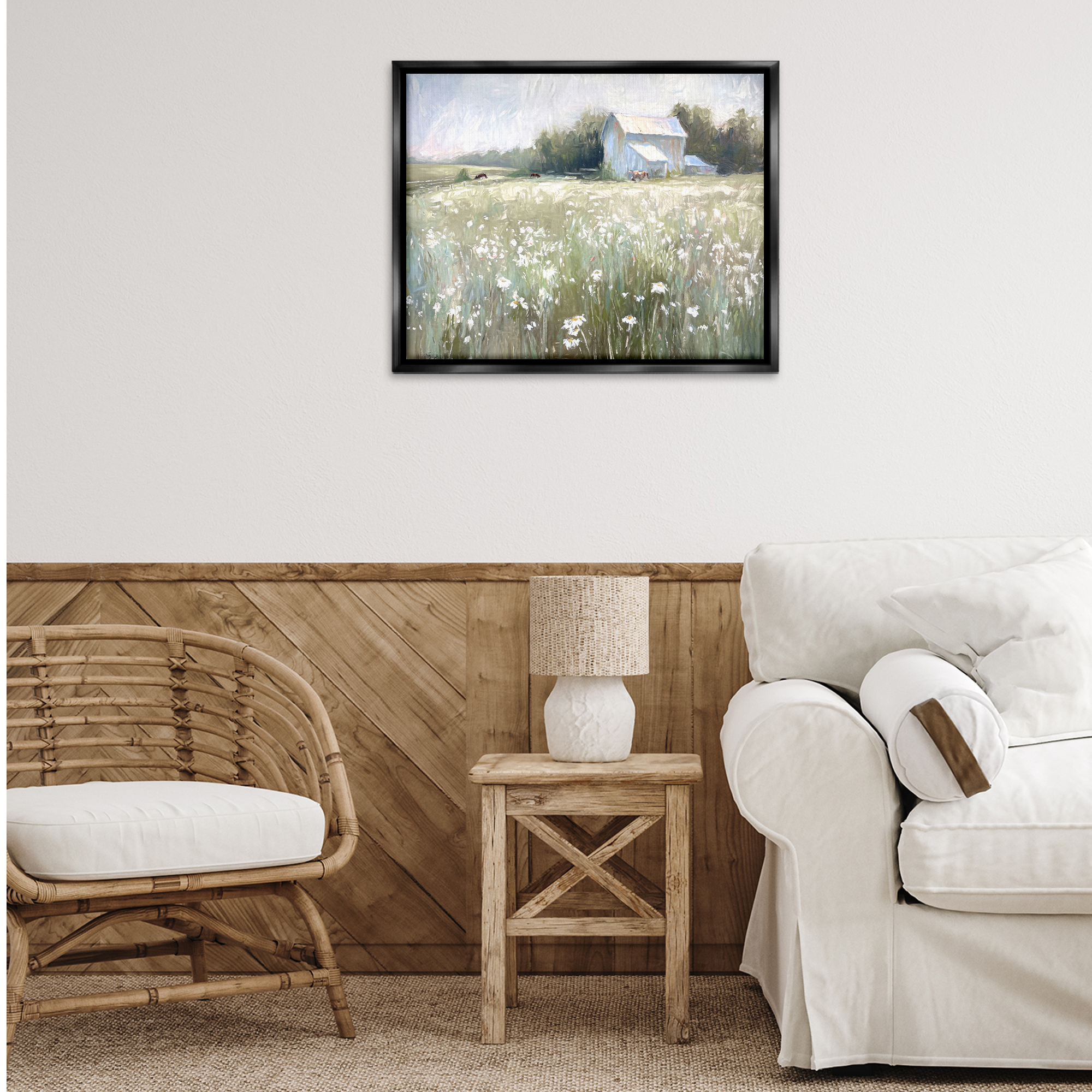 Stupell Industries Peaceful Pasture Meadow Landscape Painting Black Floater Framed Canvas Art Print Wall Art, 31 x 25