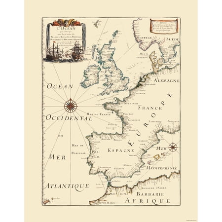 Historic Nautical Map - Atlantic Ocean Europe - Roy 1666 - Vintage Wall Art