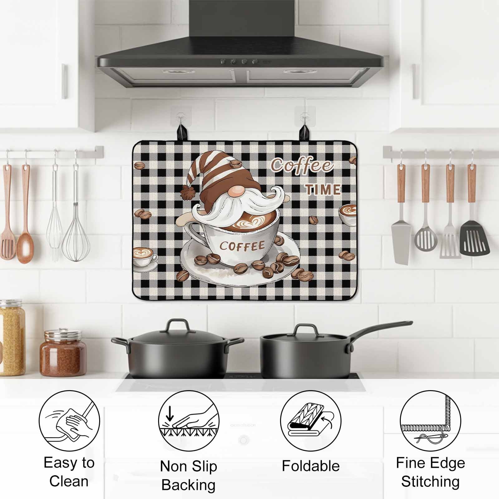 Coffee Gnomes Stove Top Cover for Electric Stove, Heat-proof & Non Slip Glass Top Stove Cover Protector, Farmhouse Brown Bean Plaid Black Grey Kitchen Flat Cooktop Rubber Mat 24x21 Inches