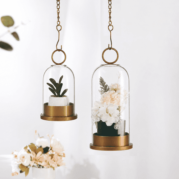 2 Pack Gold Hurricane Glass Candle Holders, Elegant Pillar Candle Holder Gold Candlestick Holders, Farmhouse Decor Mini Lanterns Decorative Indoor Brass Glass Dome Display Stand
