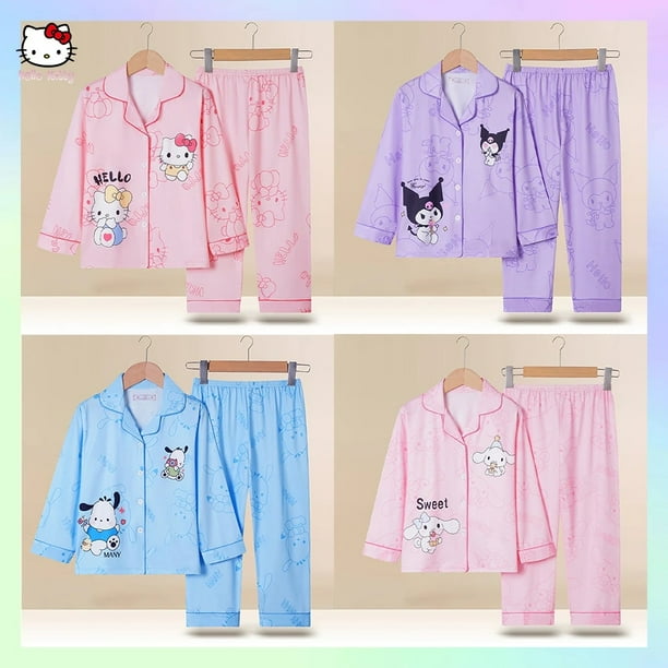 Conjunto de pijama de manga larga para niños de Anime Kawaii Sanrioed Cinnamoroll Hello Kitty Kuromi Y2K, ropa de dormir para el hogar de dibujos animados para niño y niña