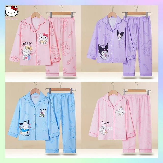 Conjunto de pijama de manga larga para niños de Anime Kawaii Sanrioed Cinnamoroll Hello Kitty Kuromi Y2K, ropa de dormir para el hogar de dibujos animados para niño y niña