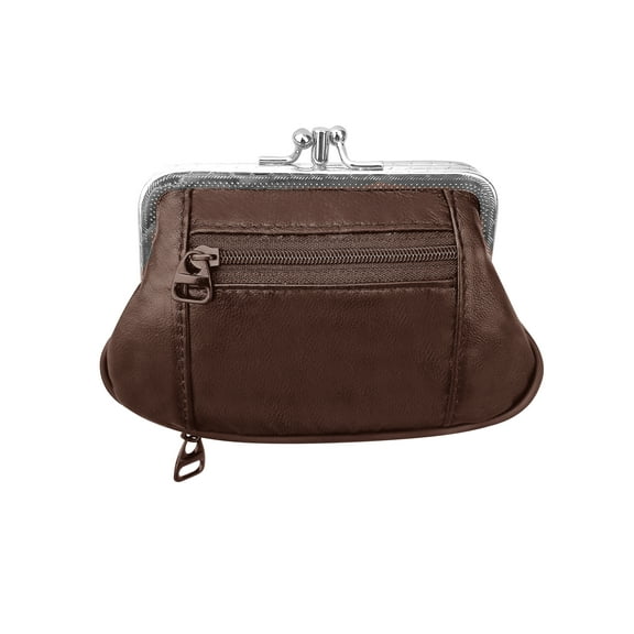 Womens Leather Coin Purse Mini Wallet Metal Frame Credit Card Case, New By Improving Lifestyles (BROWN)