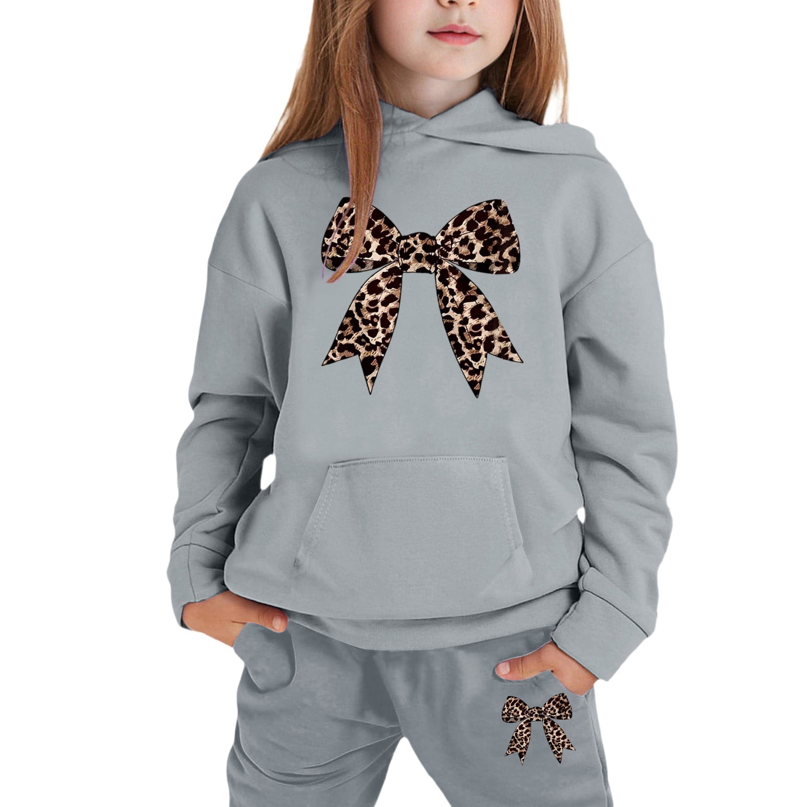 Toddler Girls Outfits Sets Winter Hoodie Joggers Comfy Casual Kids Print Fall Girls Clothing Sets Grey Size 4-5T