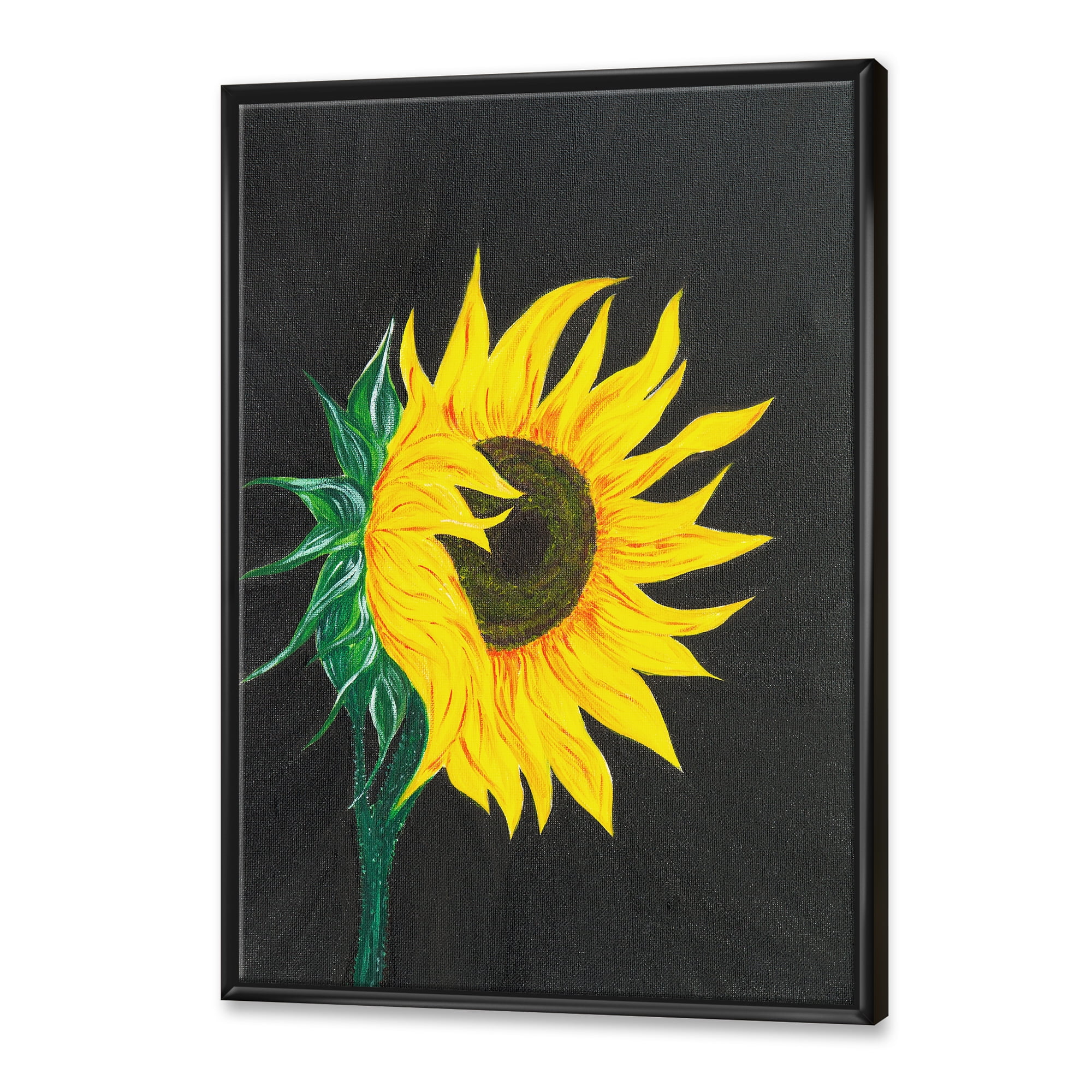 Designart 'Yellow Sunflower On Black' Traditional Framed Canvas Wall Art Print