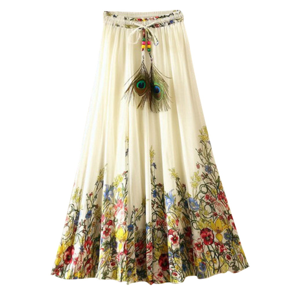 Women's Floral Bohemia Chiffon Maxi Long Skirt Elastic Waist Summer Beach Dress 