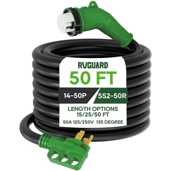 RVGUARD 50 Amp 50 Foot RV Power Cord with 135 Degree, 14-50P to SS2-50R Generator Extension Cord, Heavy Duty STW Cord with LED Power Indicator, Green, ETL Listed