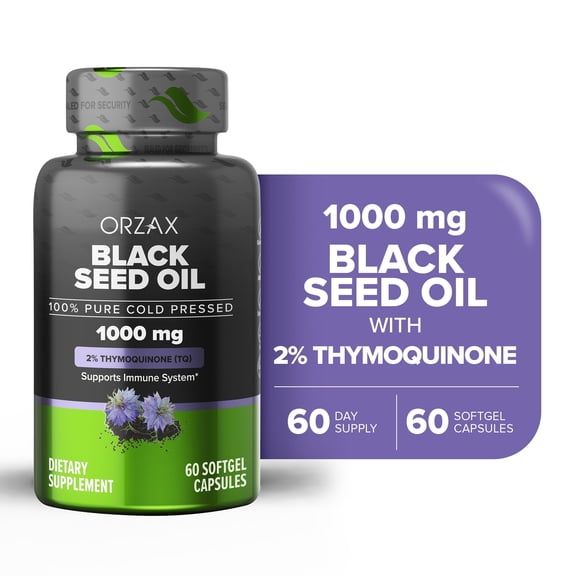 ORZAX 1000 mg Black Seed Oil Organic Cold Pressed Capsules with 20mg Thymoquinone for Immune Support, Good Hair, Skin, and Joints (60 Soft Gel Capsules)