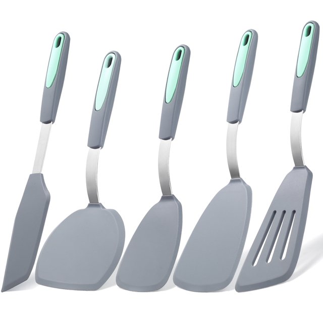 To encounter 5 Pieces Silicone Spatula Set, BPA Free Silicone Turner Spatulas, Heat Resistance Durable Cooking Utensils, Flip Turner for Fish, Egg, Pancake, Light Grey