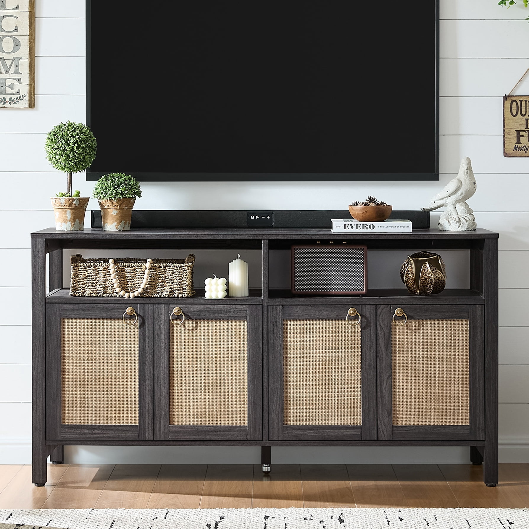 SICOTAS Boho TV Stand for TVs up to 65", Rattan 29.5" Tall Entertainment Center with Storage Cabinets & Adjustable Shelves , TV Console Table Set of 2 for Living Room, Black Oak