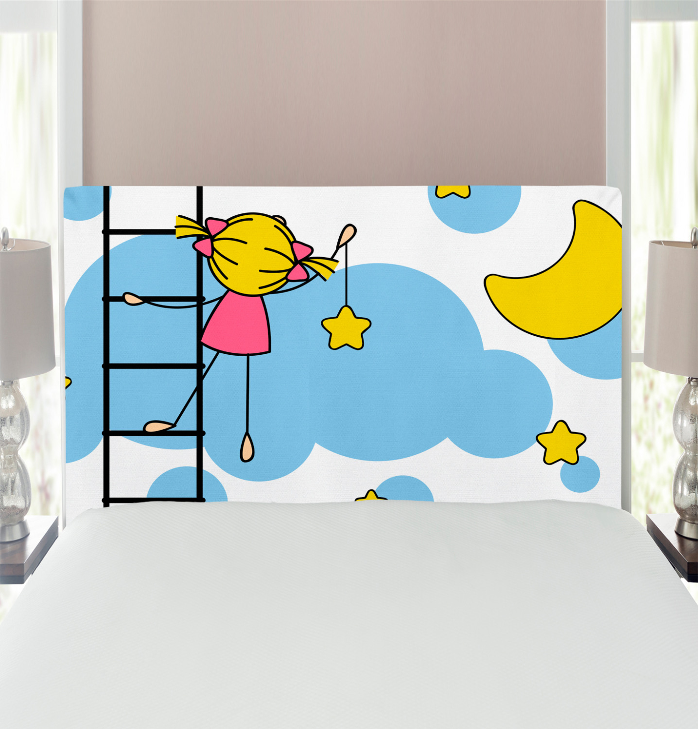 Star Headboard, Girl on Ladder Hanging a Star in the Night Sky with Half Moon Cartoon Picture, Upholstered Decorative Metal Bed Headboard with Memory Foam, Twin Size, Yellow Blue, by Ambesonne - image 1 of 4