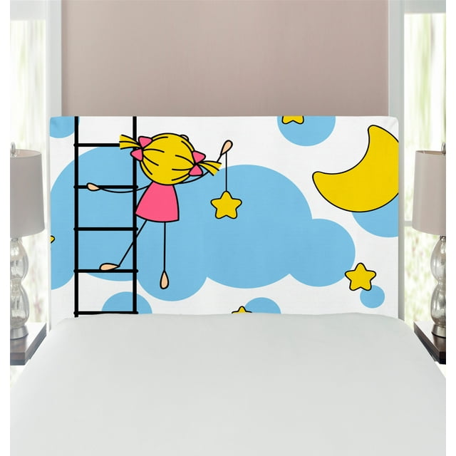 Star Headboard, Girl on Ladder Hanging a Star in the Night Sky with Half Moon Cartoon Picture, Upholstered Decorative Metal Bed Headboard with Memory Foam, Twin Size, Yellow Blue, by Ambesonne