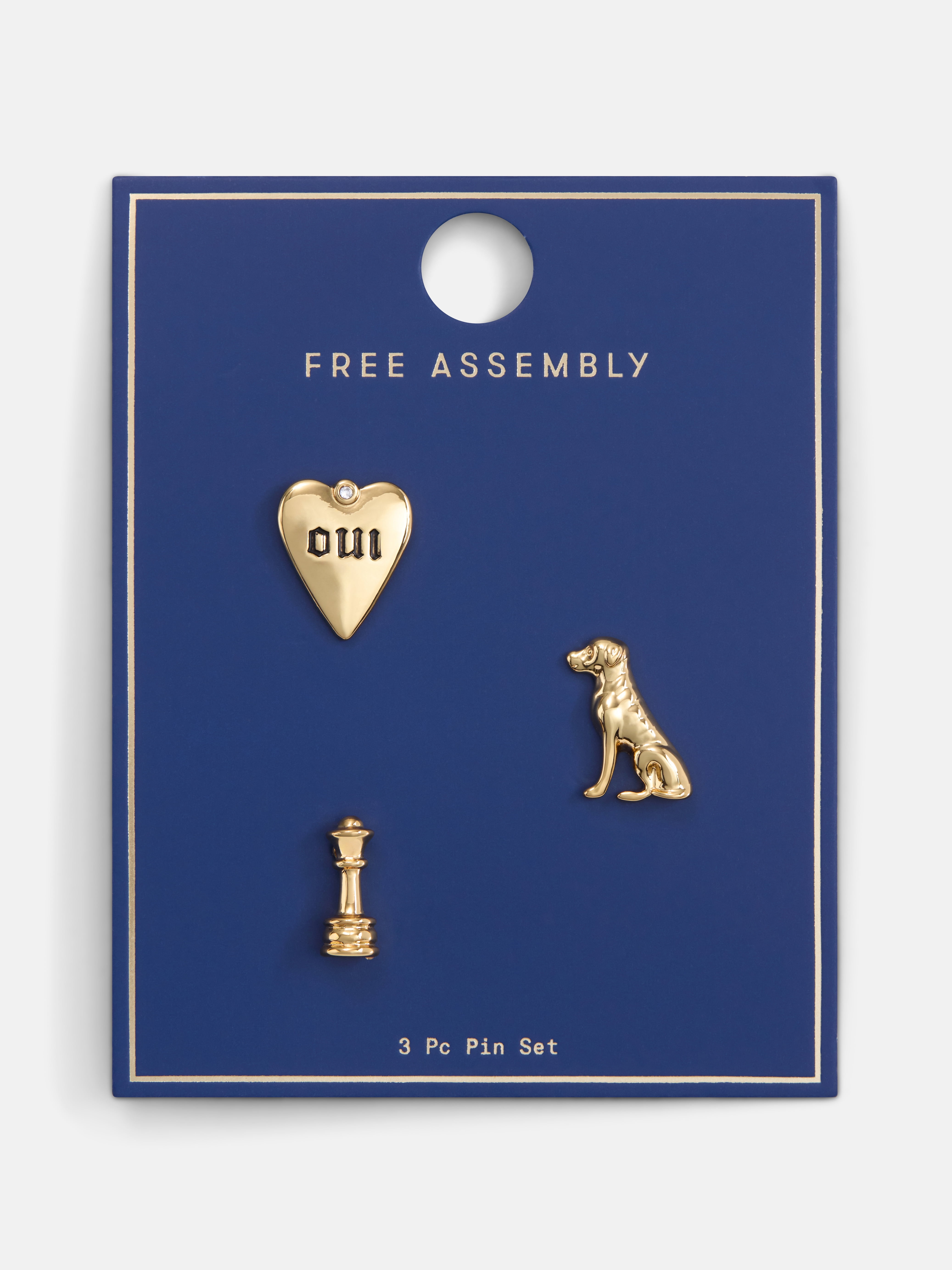 Free Assembly Women's Dog, Heart and Chess Piece Pin Set with Cubic Zirconia, 3-Piece