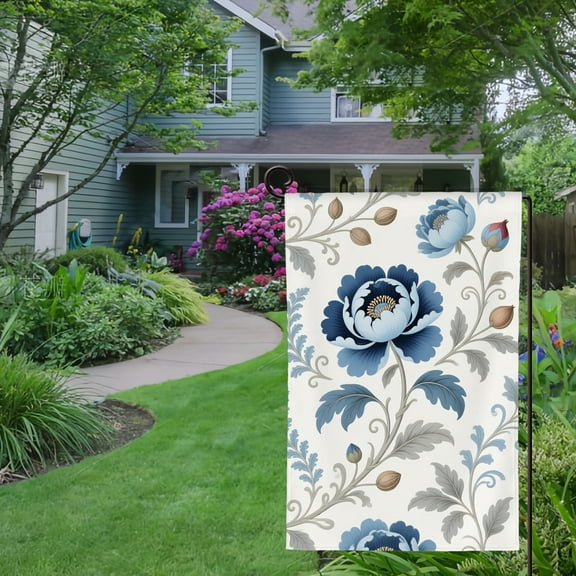 Spring Summer Garden Flag Double Sided Chinoiserie Flowers Trees Blue Linen Welcome Yard House Outside Outdoor Decoration,12*18 inch
