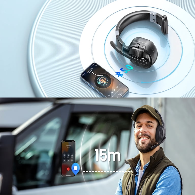 Wireless Headset Truck Driver Noise Cancelling Over-Head Bluetooth Headphones US