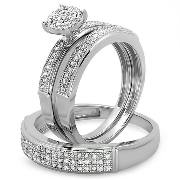 0.50 Carat (ctw) Sterling Silver Round Cut Diamond Men & Women's Micro Pave Engagement Ring Trio Bridal Set 1/2 CT