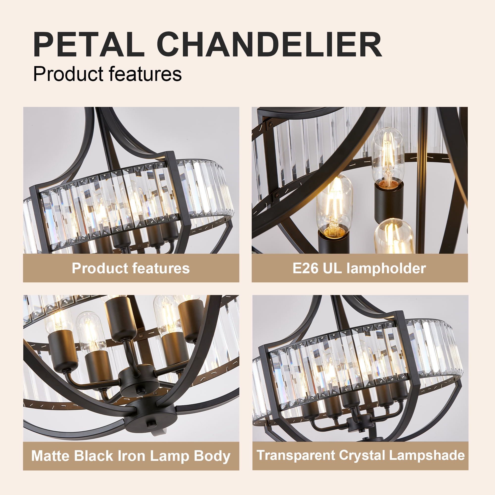 Leumius Modern Farmhouse Crystal Chandeliers, 5-Light Black Antique Pendant Chandelier, Contemporary Hanging Light Fixture for Living Room Bedroom Foyer Kitchen Island Entryway
