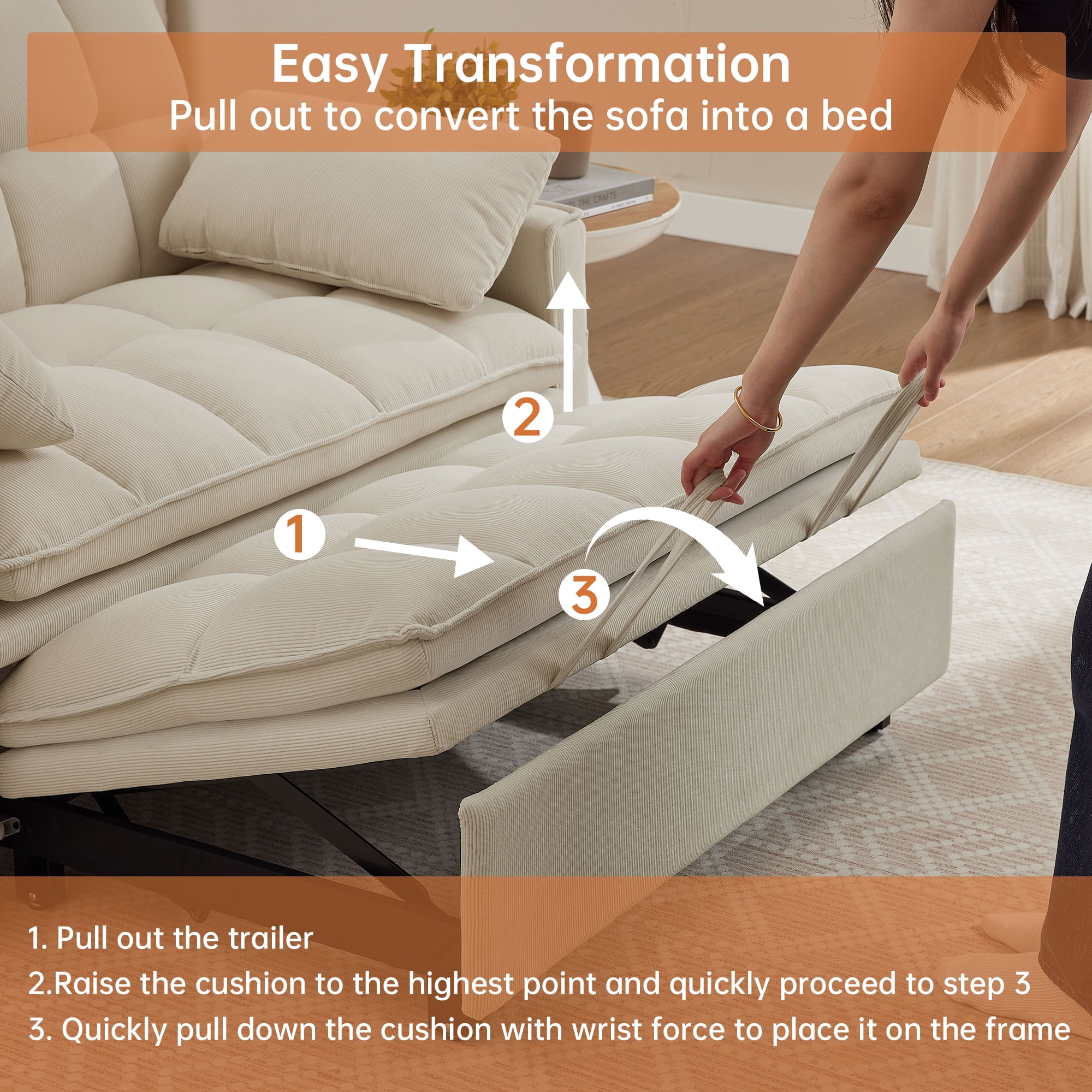 Soscana Convertible Sofa Bed Loveseat with Adjustable Backrest,3 in 1 Sleeper Sofa Pull Out Bed Reclining Couch with 2 Lumbar Cushions and Storage Side Pockets for Living Room,Apt,Office,Studio