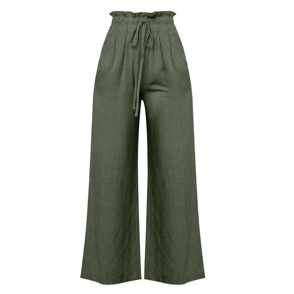 Bovemsi Women's Summer Linen High Waist Wide Leg Pants - Elastic Waist Ruffle Trousers with Pockets, Green, L