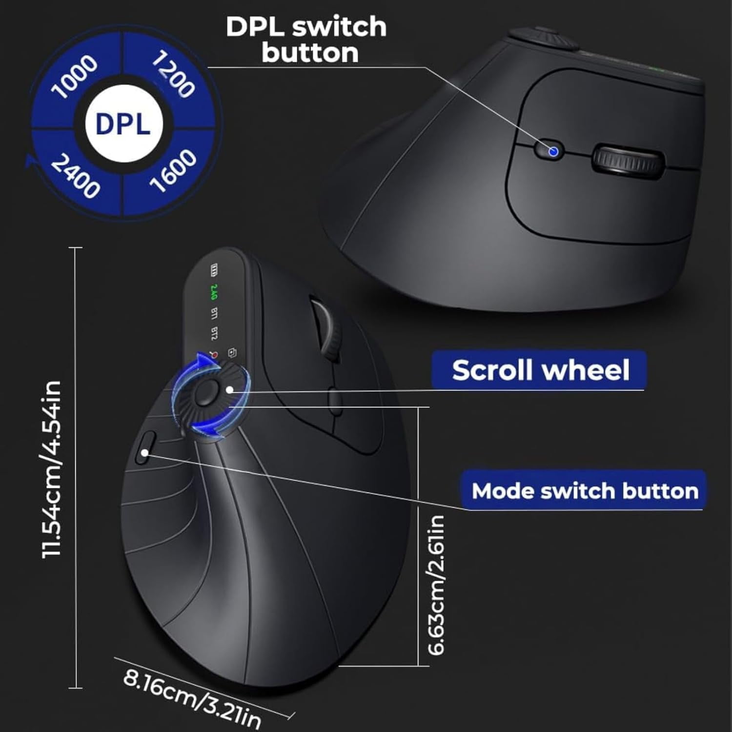 Ergonomic Triple-Connect Wireless Mouse, Vertical Ergonomic Mouse with 4 Adjustable DPI, Bluetooth Rechargeable Wireless Vertical Mouse,Tri-Mode, Screen Display, Multi-Knob, Type-C Charging (Purple)