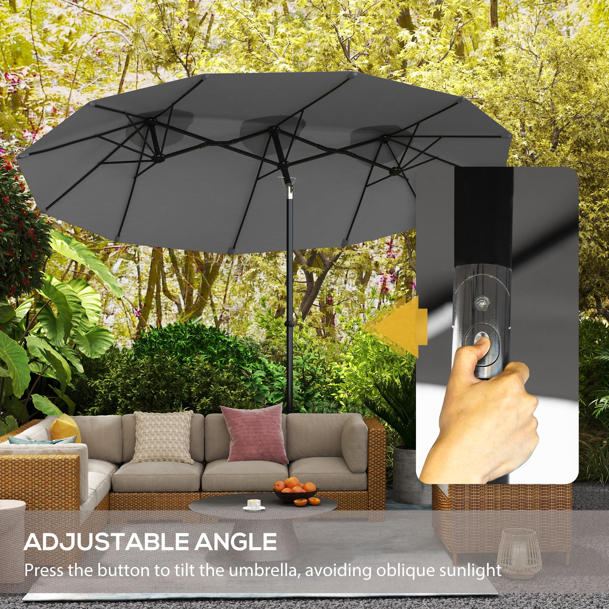 Outsunny 9.5' Double-sided Patio Umbrella with Tilt Outdoor Umbrella, Grey