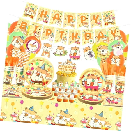 SKYSONIC Hamster Themed Birthday Party Decor - Includes Banner, Plates, Cake Topper, Cups, Napkins, Balloons, and Tablecloth for a Hamster Celebration - Suitable for 20 Guests