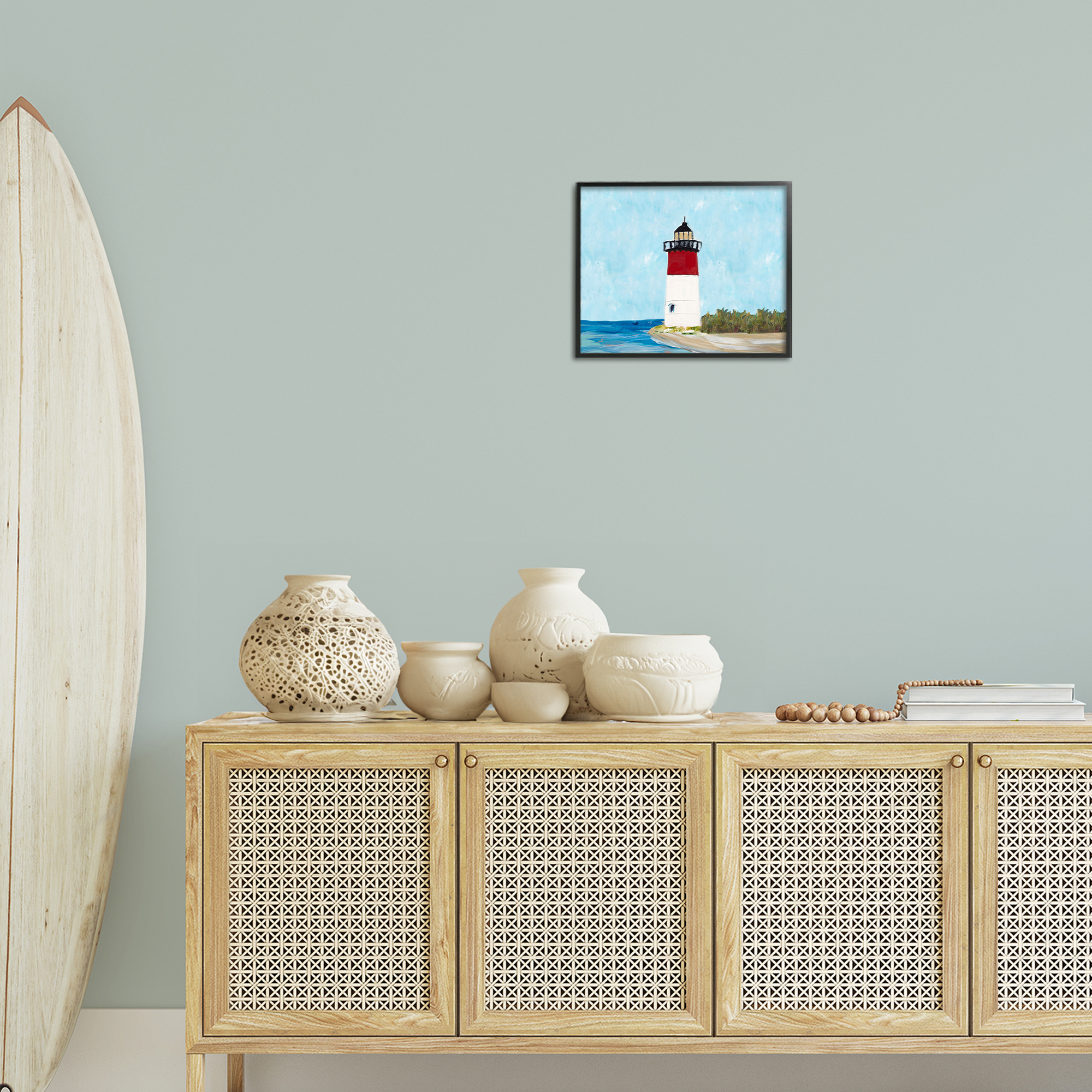 Stupell Industries Coastal Lighthouse on Blue Coastal Painting Black Framed Art Print Wall Art, 14 x 11