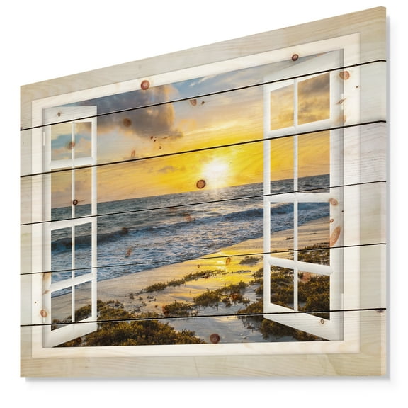 Designart 'Open Window to Bright Yellow Sunset' Modern Seascape Print on Natural Pine Wood