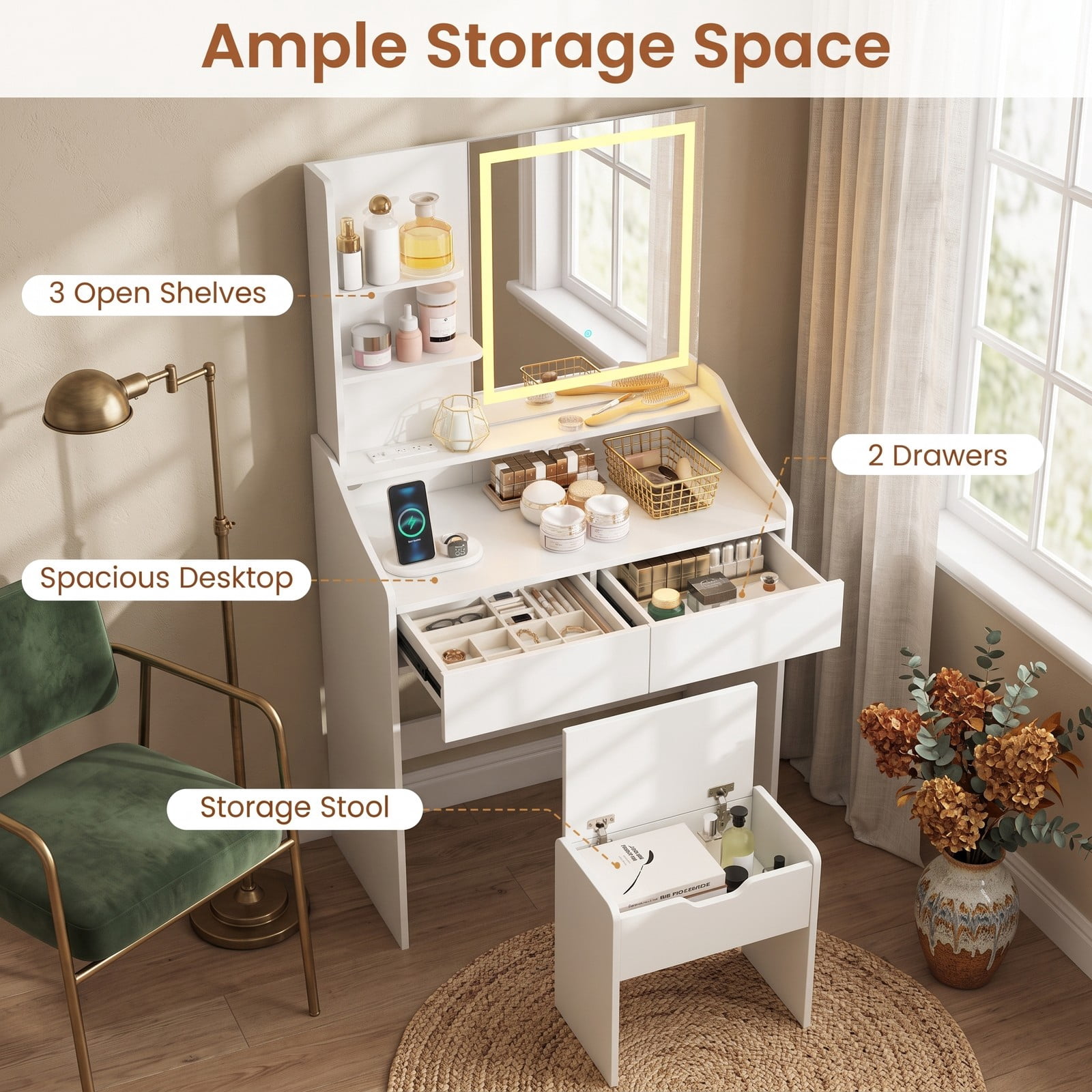 Furnibear Vanity Desk with LED Lighted Mirror and 3 Color Modes and Charging Station and Storage Stool for Bedroom, White