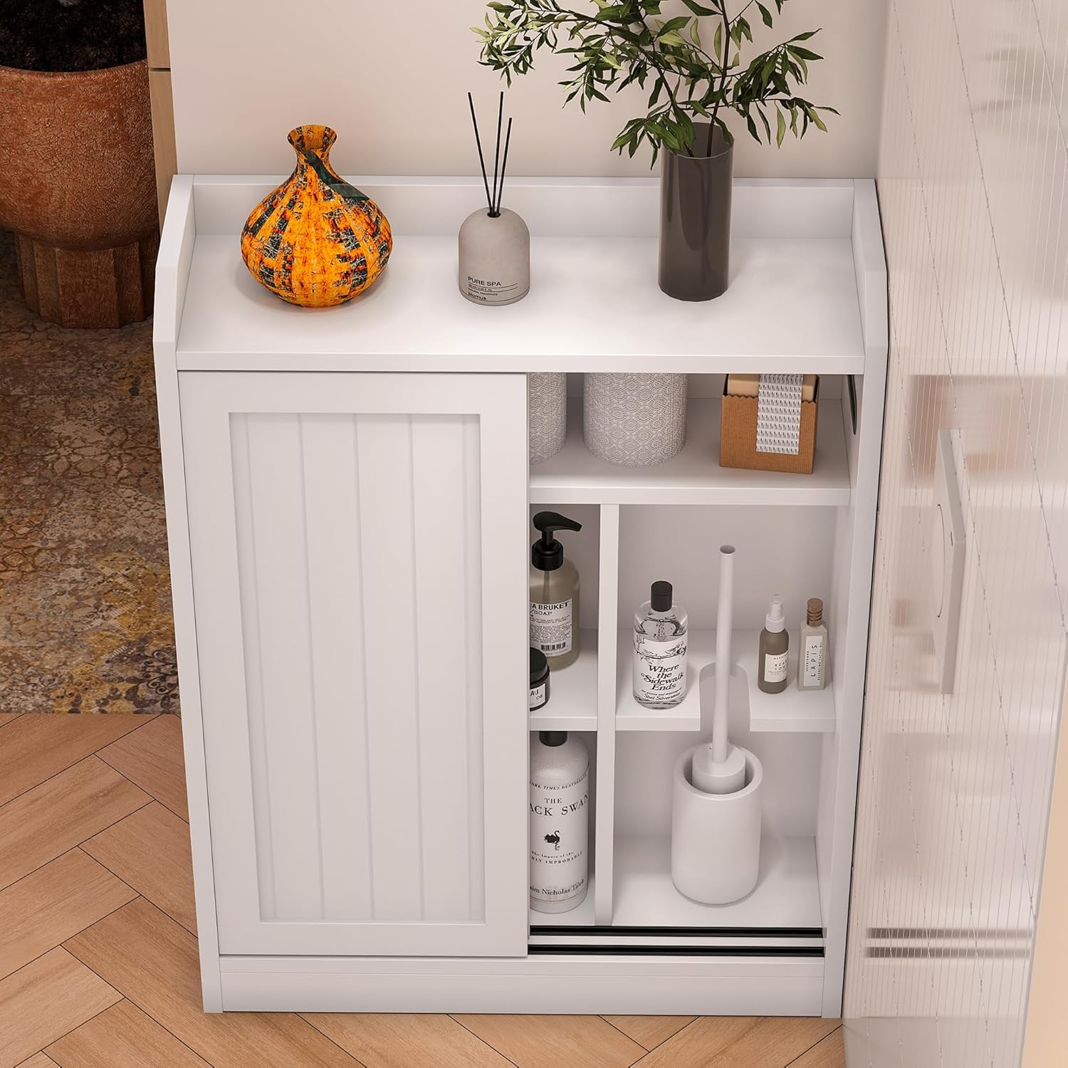 KZElegy Bathroom Cabinets Freestanding  Bathroom Storage Cabinets,Toilet Cabinets for Bathroom with Sliding Door and Toilet Paper Holder,Anti-Tilt Design,White,23in