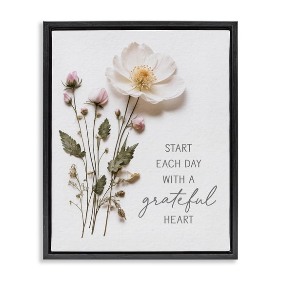 Grateful Heart Pressed Flowers Black Framed Floater Canvas Wall Art, design by Lettered and Lined