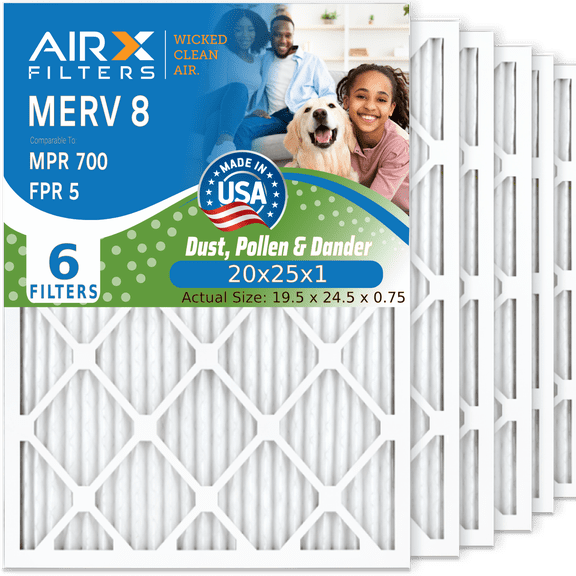 20x25x1 Air Filter MERV 8 Comparable to MPR 700 & FPR 5 Electrostatic Pleated Air Conditioner Filter 6 Pack HVAC AC Premium USA Made 20x25x1 Furnace Filters by AIRX FILTERS WICKED CLEAN AIR.