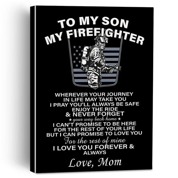 To My Son My Firefighter Canvas Painting Framed Wall Art Decor for Home Office, Best Son Saying Canvas Poster Print Decorative Son Gift from Mom
