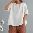 thumbnail image 1 of Soki Chemises en Lin à Manches 3/4 pour Femmes Printemps Col Rond Décontracté Couleur Unie Coupe Ample Blouses de Vacances Grande Taille, 1 of 3