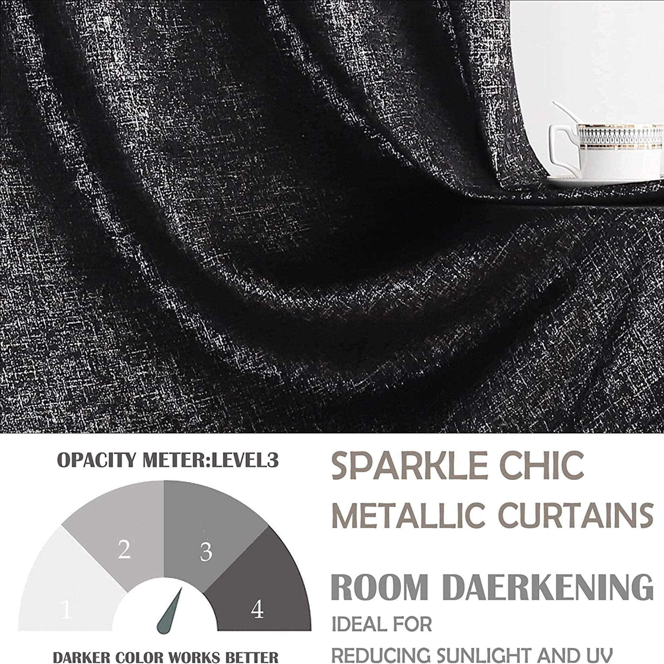 Pinewave Metallic Blackout Curtains Black Curtains Luxury Sparkle Window Panels, Grommet Top,2 Pcs