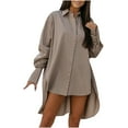 thumbnail image 1 of Hauts de Mode pour Femmes Col Rabattu Long Sleeve Couleur Unie Chemise Décontractée Irrégulière Coupe Ample, 1 of 8
