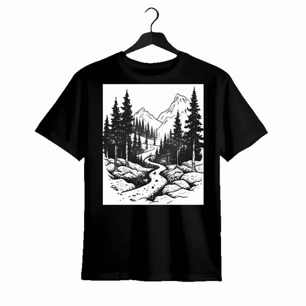 Camiseta 100 % algodón para hombre con estampado de sendero forestal de montaña. Camiseta informal negra de manga corta, transpirable y lavable a máquina. Ideal para senderismo y ropa informal. Ropa d