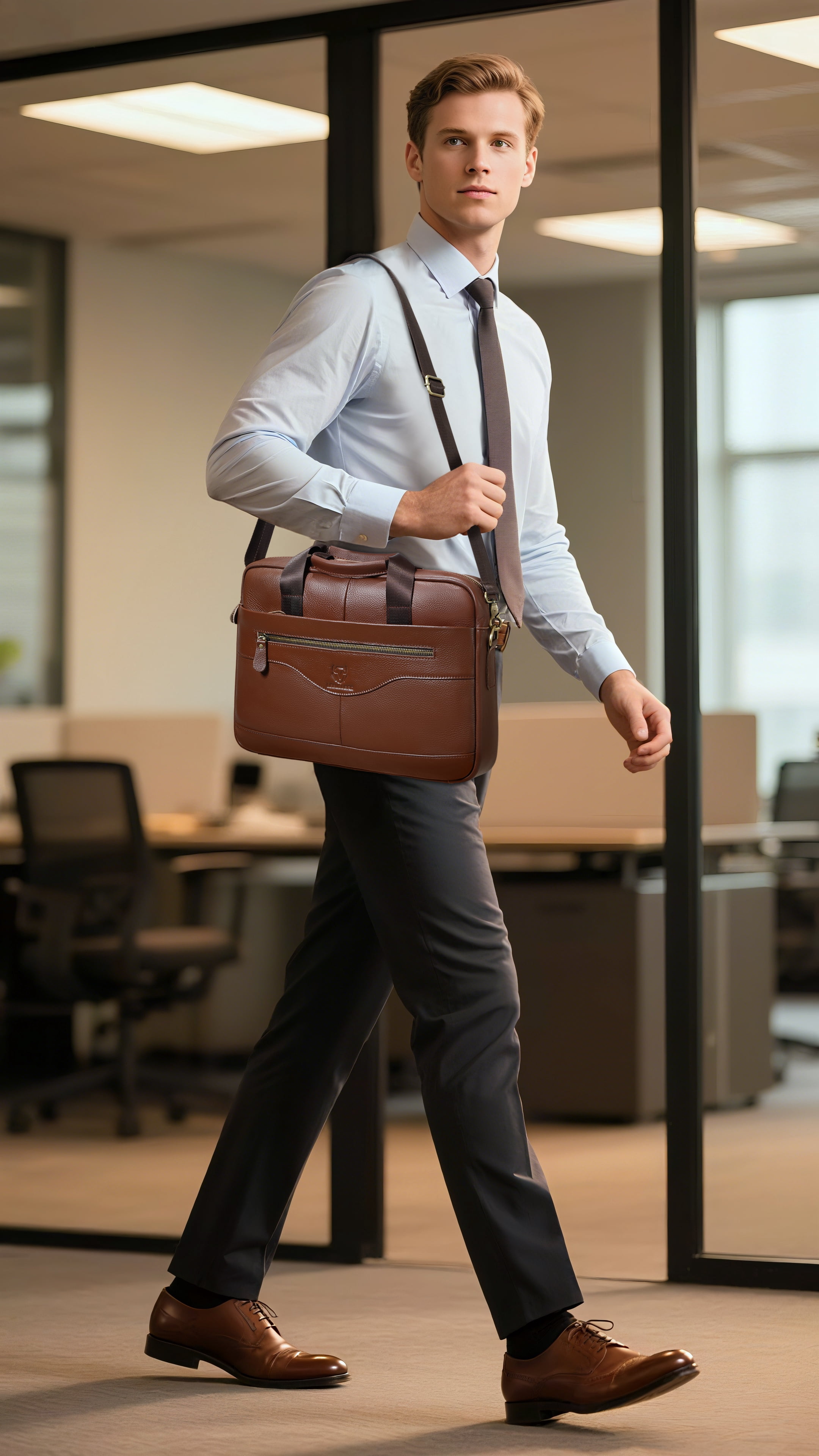 LEBULLBRO Mens Genuine Leather Briefcase Shoulder Messenger Bags Work Laptop Bag Coffee